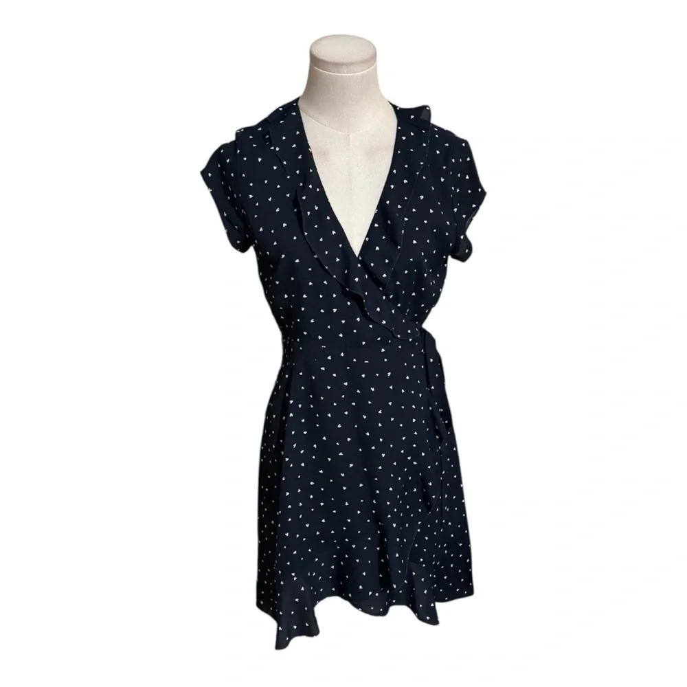 Aritzia SUNDAY BEST Navy Blue White Heart Ruffle Wrap Mini Dress 0 XS Party Work